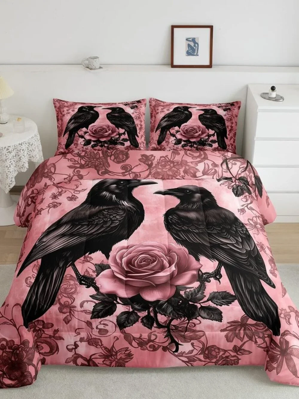Crow Flowers Kids Comforter Queen,Vintage Country Wild Roses Bedding Set for Tee